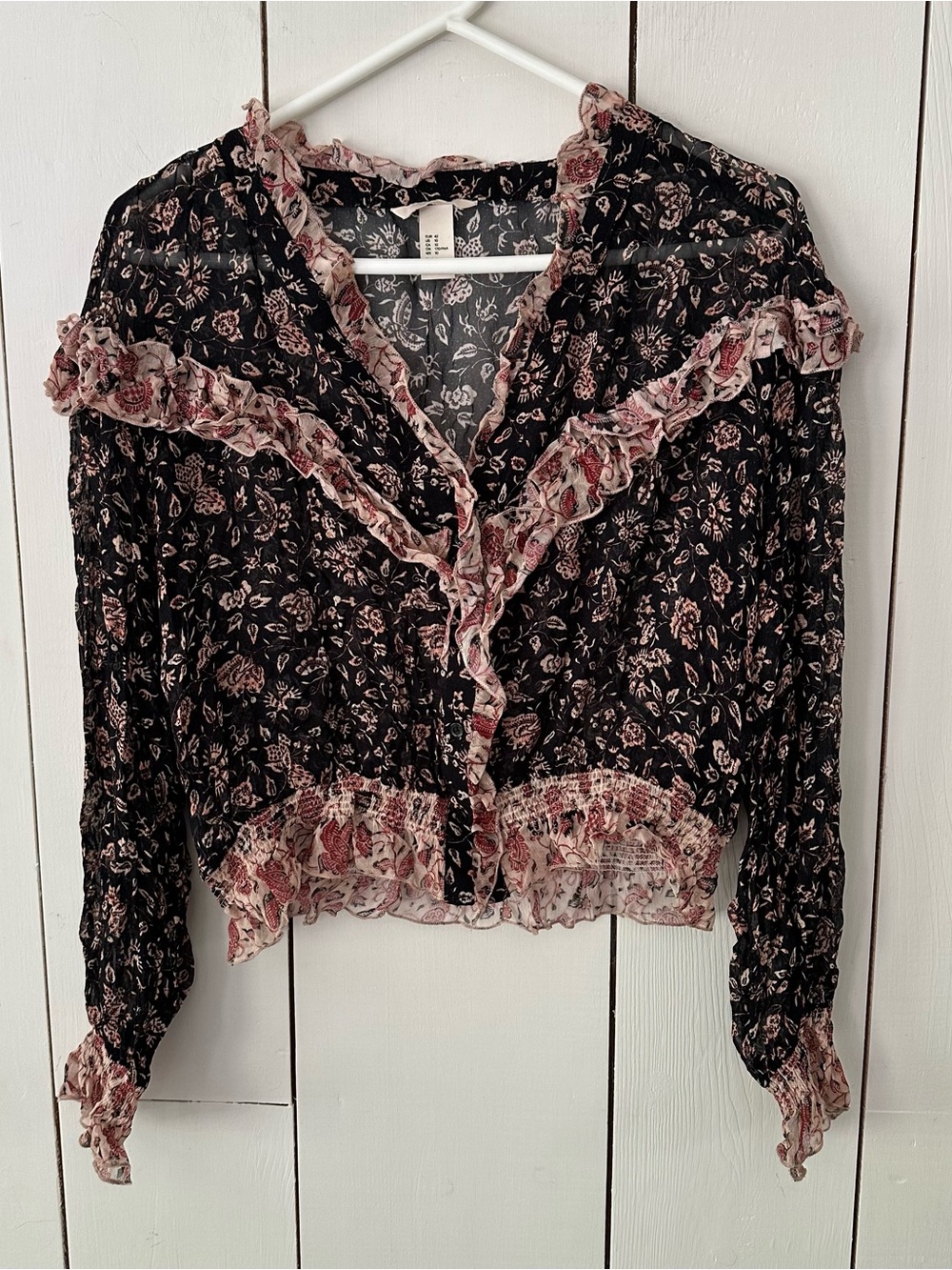 H&M Ruffle Floral Top Sz 10 V-Neck Semi Sheer Victorian Ren Fest